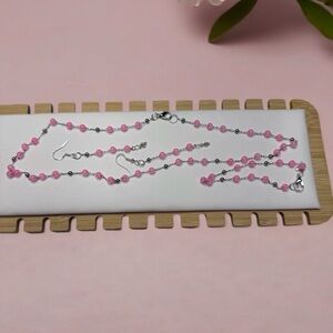 Pink Beaded Necklace, Bracelet and Earring Set — Feminine Silver-Tone Chain